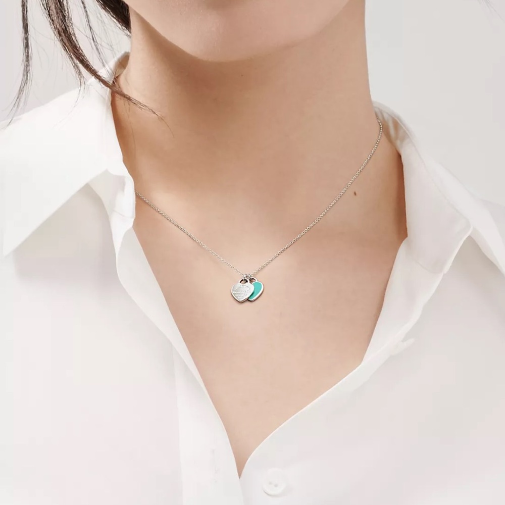 Tiffany & Co. Mini Blue Double Heart “Return to Tiffany” Tag Necklace